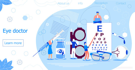 Fototapeta na wymiar Eye doctor concept for health care banner. Glaucoma treatment concept vector. Medical ophthalmologist eyesight check up with tiny people. It can be used for flyer, card, web