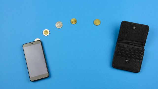 cash currency coins moves from black leather wallet to smartphone and back, concept of wireless finance transaction for e commerce or modern banking technology, seamless looping stopmotion animation 