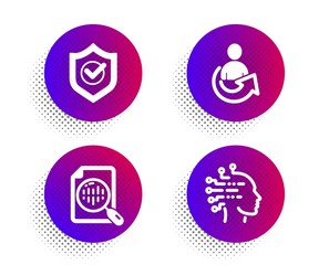 Approved shield, Analytics chart and Share icons simple set. Halftone dots button. Artificial intelligence sign. Protection, Report analysis, Referral person. Mind intellect. Education set. Vector