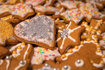 Colorful handmade cookies baked and decorated for Christmas Holidays