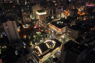 Aerial view of public buildings at night. Famous places of São Paulo, Brazil. Great landscape