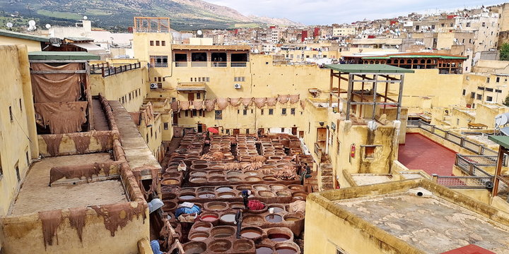 view of the city of Fes with tanneries