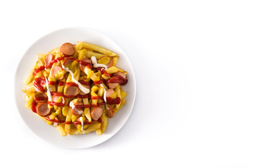 Typical Latin America Salchipapa. Sausages with fries, ketchup, mustard and mayo isolated on white background. Top view. Copy space
