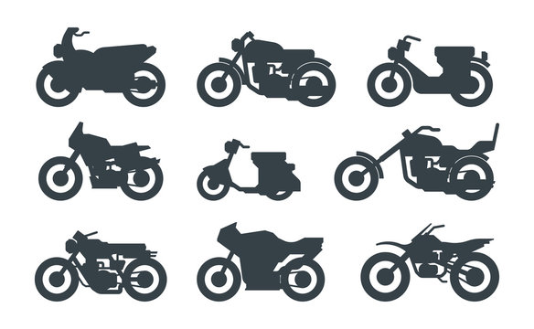 Different motorized vehicles black glyph icons set