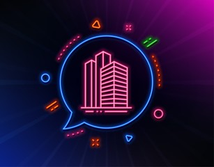 Skyscraper buildings line icon. Neon laser lights. City architecture sign. Town symbol. Glow laser speech bubble. Neon lights chat bubble. Banner badge with skyscraper buildings icon. Vector