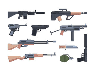 Military weapons and munition flat illustrations set