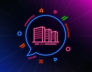 Buildings line icon. Neon laser lights. City architecture sign. Skyscraper building symbol. Glow laser speech bubble. Neon lights chat bubble. Banner badge with buildings icon. Vector