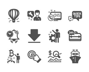 Set of Technology icons, such as Touchscreen gesture, 24h service, Air balloon, Web call, Bitcoin project, Quick tips, Downloading, Time management, Repairman, Check investment, Employee. Vector