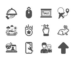 Set of Business icons, such as Smartphone repair, Swipe up, Couple, Online chemistry, Animal tested, Upload, Touchscreen gesture, Sale, Loyalty star, Airplane, Restaurant food, Car travel. Vector