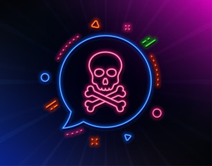 Chemical hazard line icon. Neon laser lights. Laboratory toxic sign. Death skull symbol. Glow laser speech bubble. Neon lights chat bubble. Banner badge with chemical hazard icon. Vector