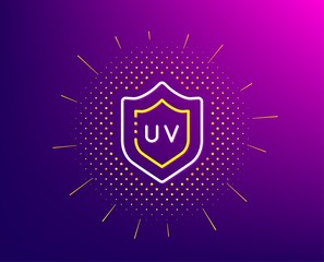 Fototapeta premium Uv protection cream line icon. Halftone pattern. Skin care sign. Cosmetic lotion symbol. Gradient background. Uv protection line icon. Yellow halftone pattern. Vector