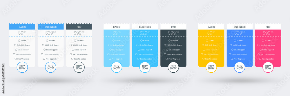 Wall mural pricing table design template for websites and applications. set of three different color variations