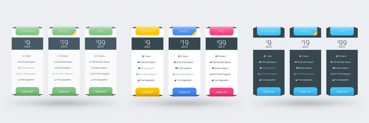 Pricing table design template for websites and applications. Set of three different color variations. Vector pricing plans. Flat style vector illustration