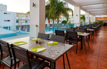 tables in restaurant of the resort Europe, Greece, interior dining room for tourists
