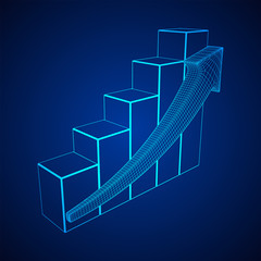 Bar graph with arrow grow, chart, business concept. Wireframe low poly mesh vector illustration