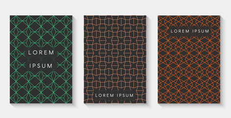 Set of modern abstract black backgrounds with a geometric linear pattern for brochures, booklets, flyers, posters, books. Cover design template. Vector illustration.