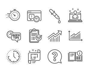 Set of Education icons, such as Instruction info, Chemistry pipette, Quick tips, Architectural plan, Best manager, Time, Project deadline, Graph, Survey checklist, Question mark, Timer. Vector