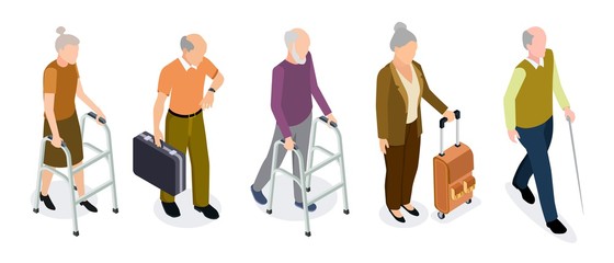 Isometric elderly people vector set. Active older women and men isolated on white background. Illustration isometric people elderly, 3d person retirement