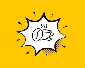 Coffee cup with beans line icon. Comic speech bubble. Hot cappuccino sign. Tea drink mug symbol. Yellow background with chat bubble. Coffee cup icon. Colorful banner. Vector