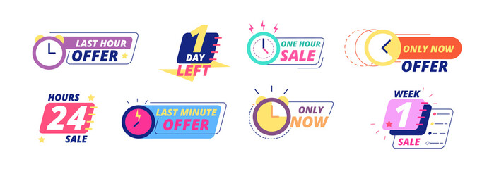 Sale countdown badges. Last day, hour and minute offer labels with clock icons. Big deal limited sale announcement stickers vector set. Countdown badge, special illustration, day minute illustration