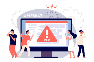 Computer error. Warnings unavailable page users, attention symbol alerts of problem, angry clients near monitor device, vector concept. Computer error, warning message, security alert illustration