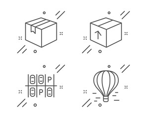 Package, Parking place and Parcel line icons set. Air balloon sign. Delivery pack, Transport, Shipping box. Flight travel. Transportation set. Line package outline icon. Vector