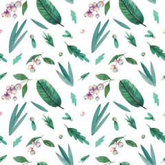 Seamless winter botanical pattern with berry and spruce