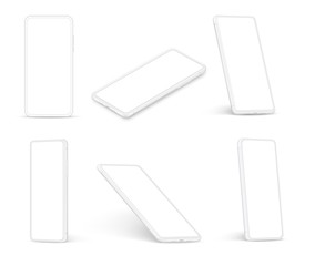 White smartphone. Cellphone with blank screen, phone in different angles of view. Realistic vector mockup for mobile application. Illustration touchscreen smartphone, cellphone display