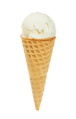 Vanilla ice cream in waffle cone isolated on white