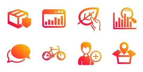 Bicycle, Organic tested and Add person line icons set. Messenger, Delivery insurance and Search signs. Marketing statistics, Package location symbols. Bike, Paraben. Business set. Vector