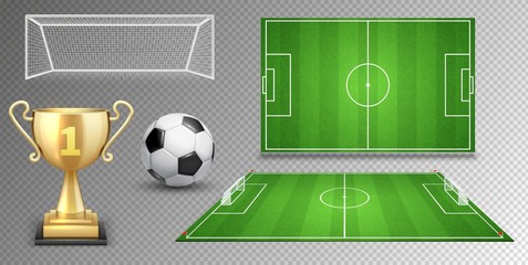 Football vector elements. Soccer ball golden cup green fields goals. Realistic vector football elements isolated on white background. Illustration goal game, soccer or football sport © MicroOne