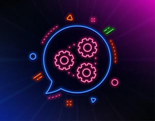 Gears line icon. Neon laser lights. Teamwork cogwheel sign. Working process symbol. Glow laser speech bubble. Neon lights chat bubble. Banner badge with gears icon. Vector