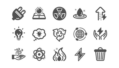 Energy icons. Solar panels, wind energy and electric thunder bolt. Fire flame, hazard, green ecology icons. Classic set. Quality set. Vector