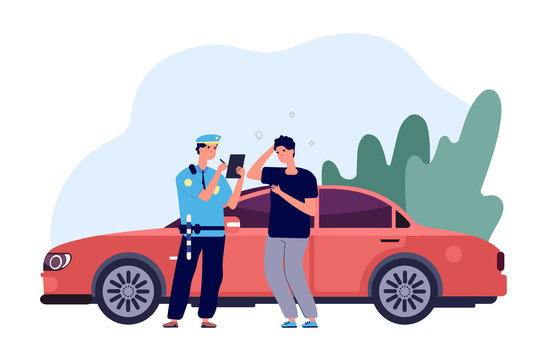 Policeman and driver. Car inspector write fine to intruder high speed traffic violation. Safety control admonition vector concept. Officer police write ticke for over limit speed illustration