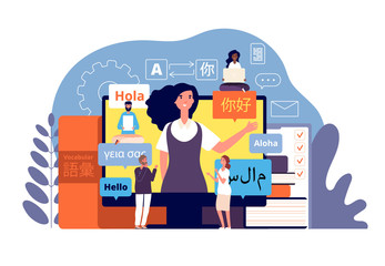 Translator. Multilingual language translators app, learning foreign. Vocabularies, technology international communication vector concept. Language translate, dictionary translator illustration