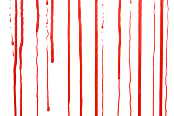 Dripping blood isolated on white background. Flowing red blood splashes, drops and trail