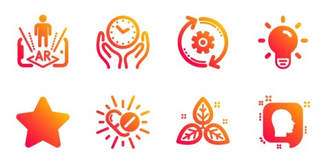 Fair trade, Augmented reality and Light bulb line icons set. Medical drugs, Cogwheel and Safe time signs. Star, Head symbols. Leaf, Phone simulation. Science set. Gradient fair trade icons set. Vector