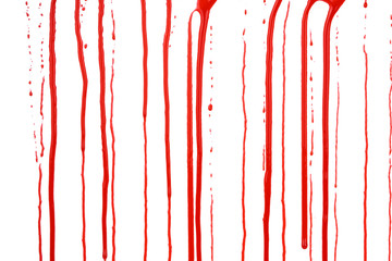 Dripping blood isolated on white background. Flowing red blood splashes, drops and trail