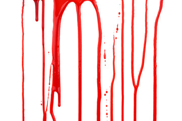 Dripping blood isolated on white background. Flowing red blood splashes, drops and trail