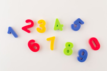 Colorful numbers from zero to nine randomly scattered on a white background