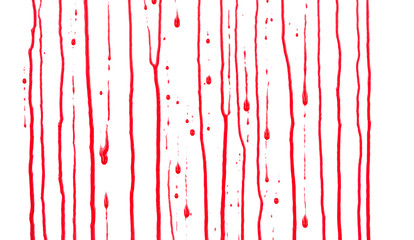 Dripping blood isolated on white background. Flowing red blood splashes, drops and trail