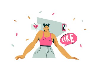 Hand drawn vector abstract cartoon modern graphic influencer girl character illustration art isolated on white background