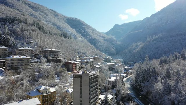 Aerial view of Eastern European town in winter
