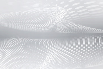 Awesome white and grey halftone background. Futuristic motion dots perspective backdrop.