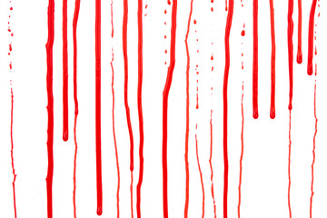 Dripping blood isolated on white background. Flowing red blood splashes, drops and trail - obrazy, fototapety, plakaty