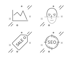 Sale ticket, Line chart and Face recognition line icons set. Seo sign. Discount coupon, Financial graph, Faces biometrics. Search target. Business set. Line sale ticket outline icon. Vector