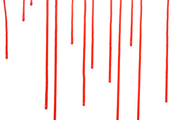 Dripping blood isolated on white background. Flowing red blood splashes, drops and trail