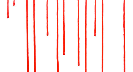 Dripping blood isolated on white background. Flowing red blood splashes, drops and trail