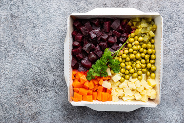 Beet Salad - Vinaigrette in a bowl, top view. Vegan cuisine. Dietary menu.