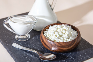 Food is a source of calcium, magnesium, protein, fats, carbohydrates, balanced diet. Dairy products for breakfast: cottage cheese, sour cream, milk, contain casein, albumin, globulin, free lactose